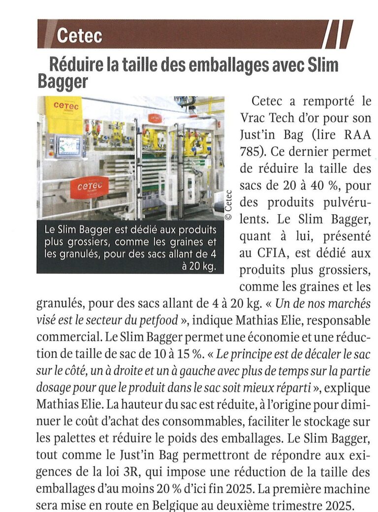 REVUE DE L’ALIMENTATION ANIMALE MAI 2025 – Réduire la taille des emballages avec le SLIMBAGGER