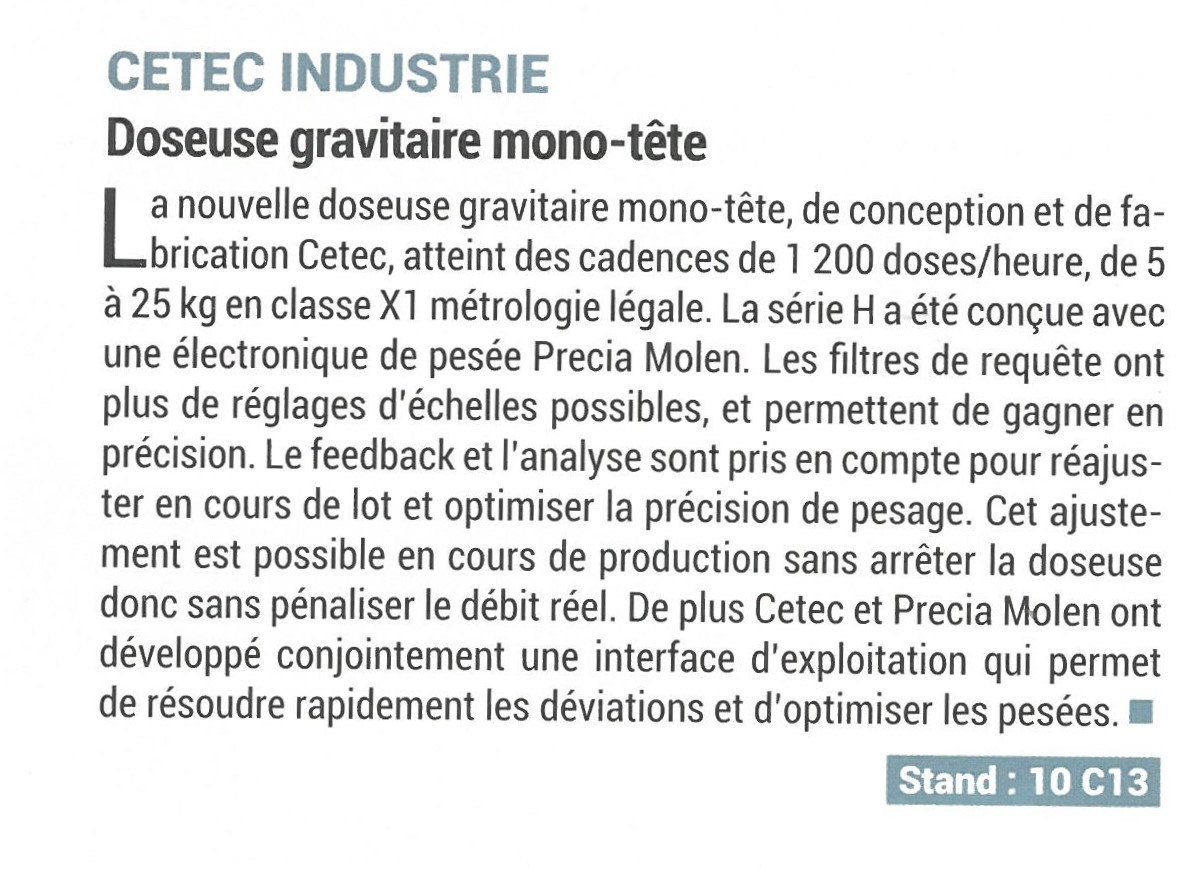 RIA : Cetec Industrie, Doseuse gravitaire mono-tête